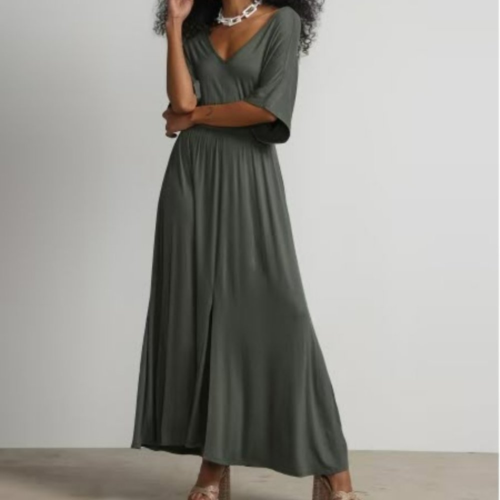 V-Neck Kimono Maxi Dress - New York & Company - Deep Olive - L